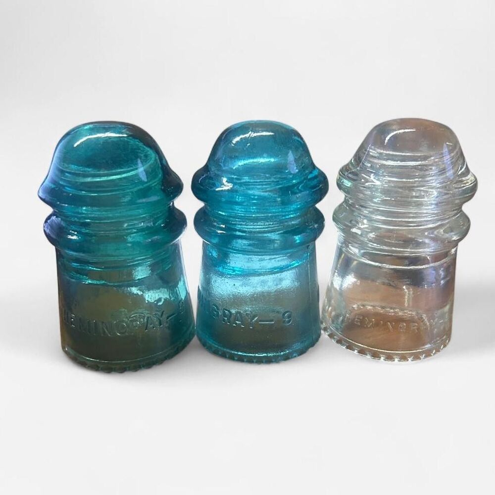 Set of 3 Mixed Blue Hemingray-9 Glass Insulators